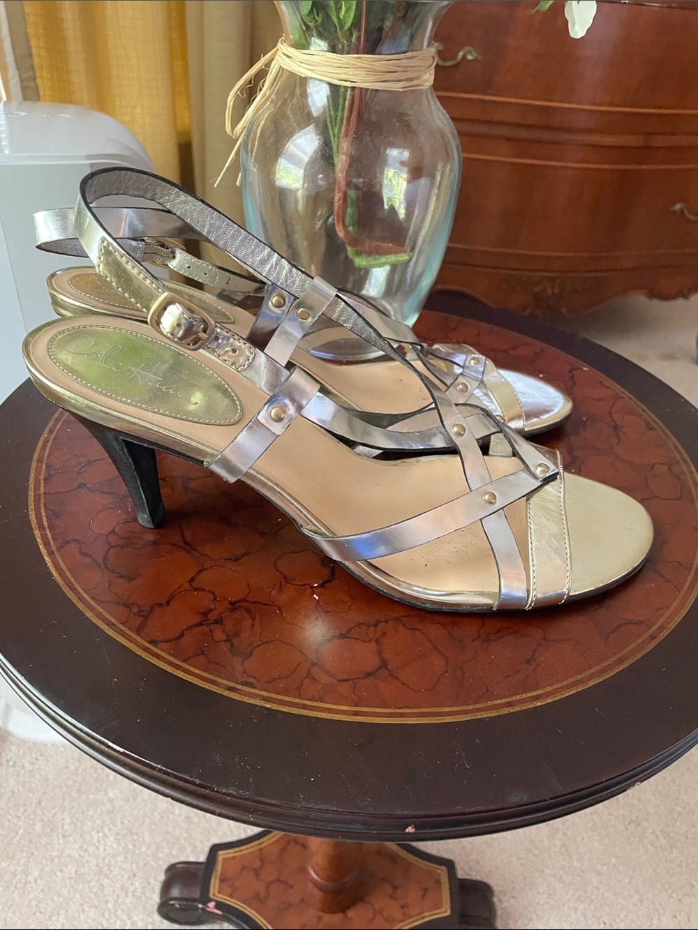 Cole Haan Metallic Silver and Gold Strappy Slingback Heels